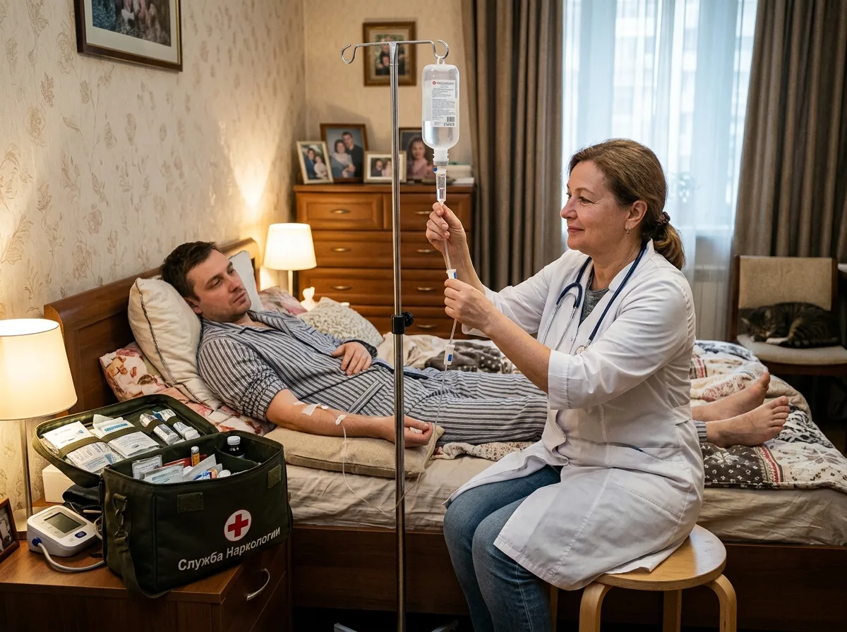Врач-нарколог на выезде, капельница, пациент дома в постели, комфортная обстановка жилой квартиры, медицинская сумка