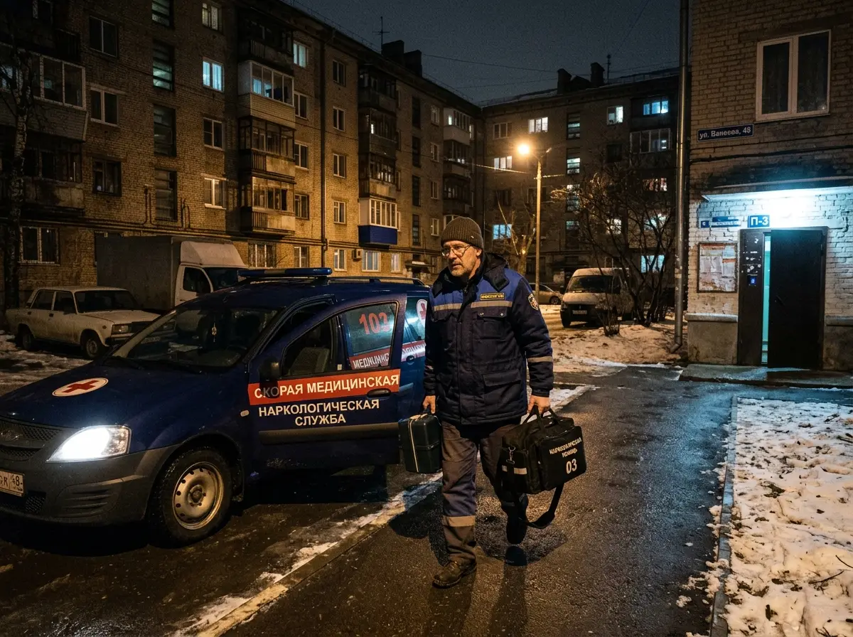 Нарколог на выезде, врач в форме выходит из автомобиля с медицинской сумкой, ночной вызов, жилой двор Нижнего Новгорода