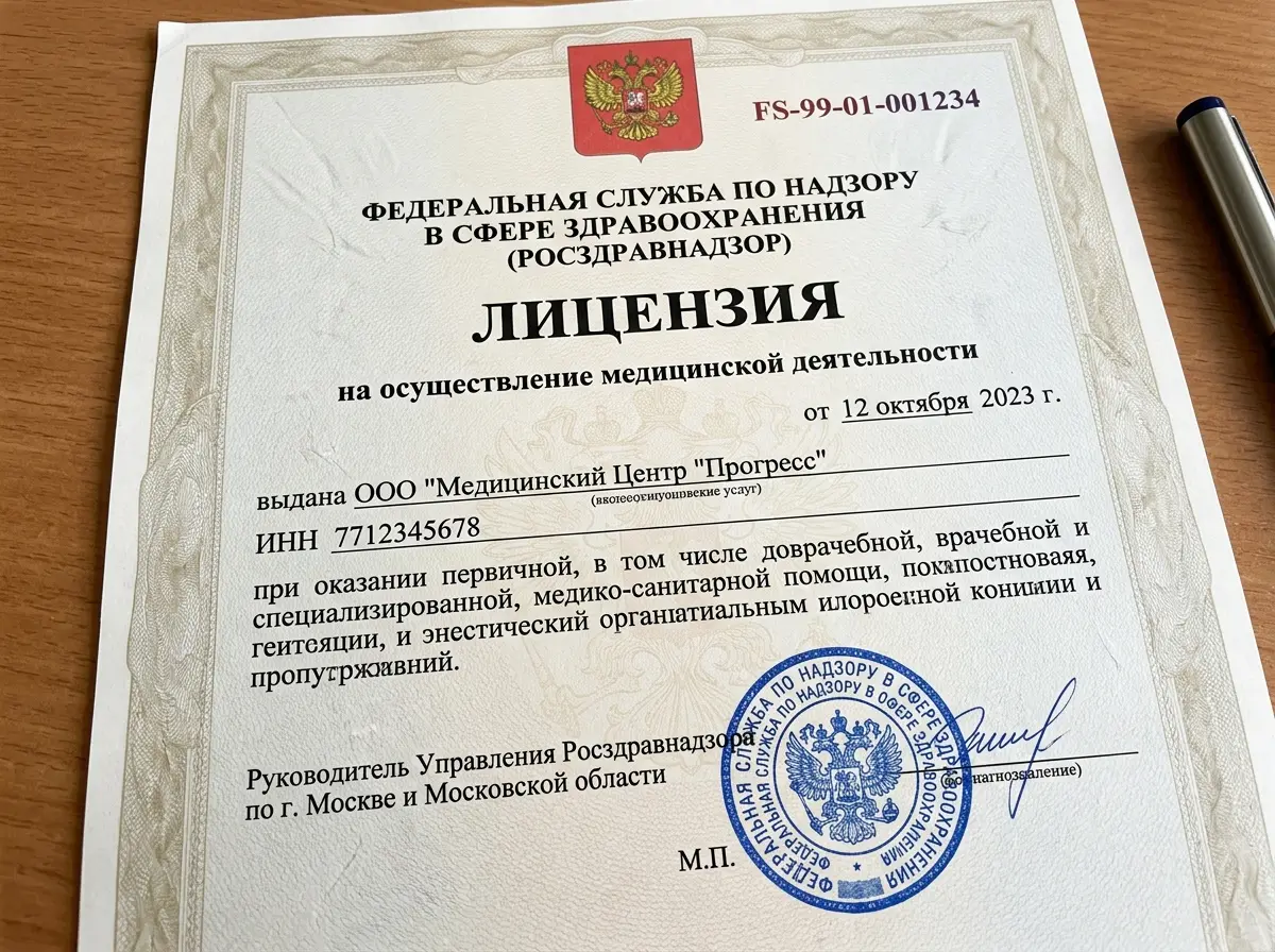 Лицензия на осуществление медицинской деятельности Росздравнадзора, официальный документ с печатями, серийный номер, бланк государственного образца