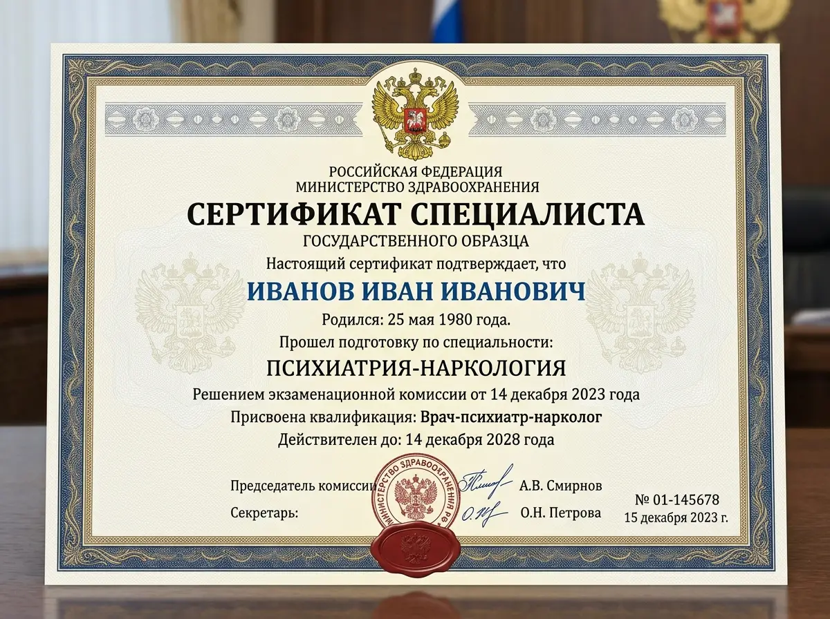 Сертификат специалиста врача-нарколога, квалификационное удостоверение государственного образца, профессиональный документ с гербом